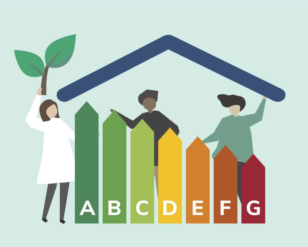 Une illustration montrant trois personnes entourant une échelle de performance énergétique (étiquettes de A à G) sous un toit stylisé, avec une personne tenant une plante, symbolisant la rénovation énergétique et l'écologie.