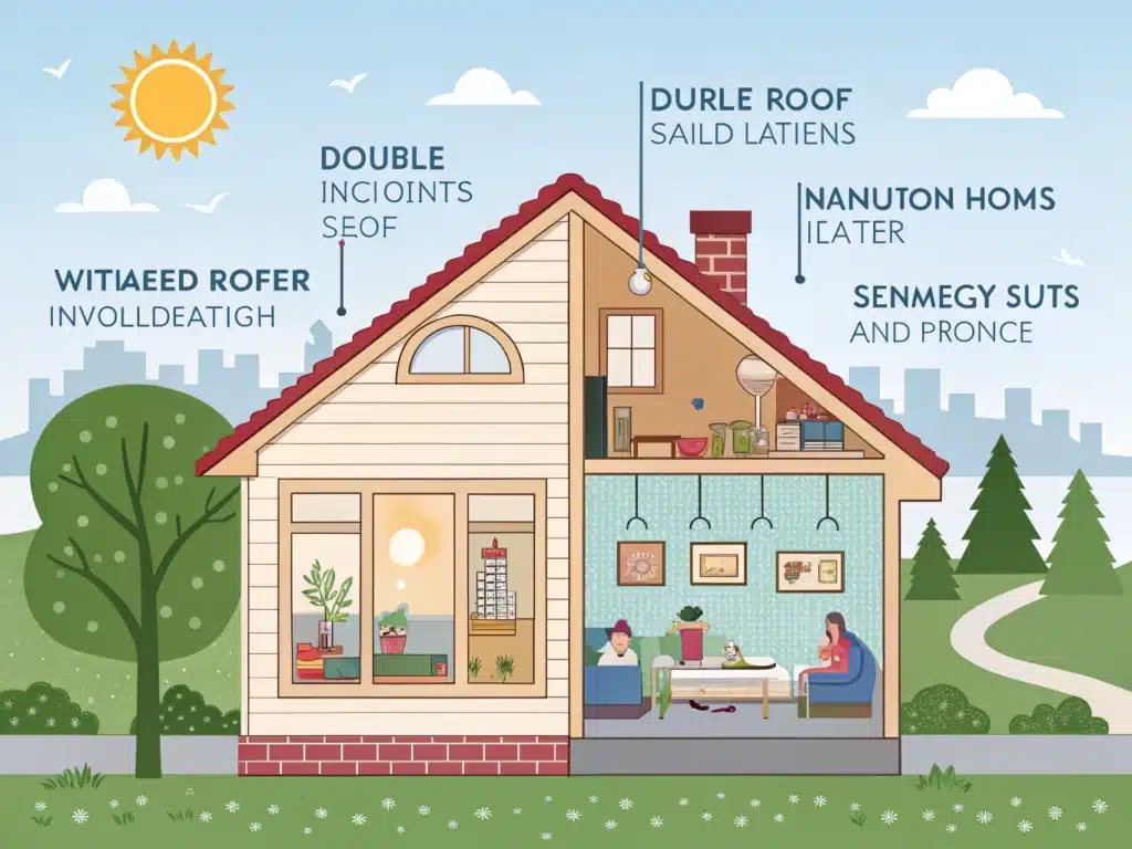 Une illustration en coupe d'une maison montrant l'intérieur et l'extérieur, avec des annotations stylisées pointant vers différents éléments de la structure et de l'aménagement.