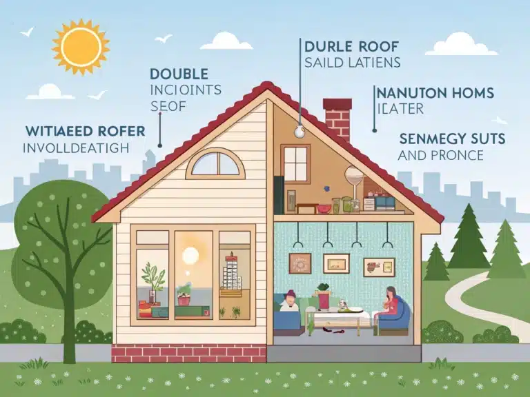 Une illustration en coupe d'une maison montrant l'intérieur et l'extérieur, avec des annotations stylisées pointant vers différents éléments de la structure et de l'aménagement.