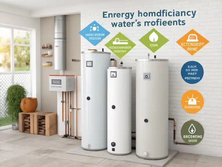 Une illustration présentant plusieurs chauffe-eau cylindriques installés dans une pièce, accompagnés d'icônes et de texte mettant en avant l'efficacité énergétique et la gestion de l'eau.