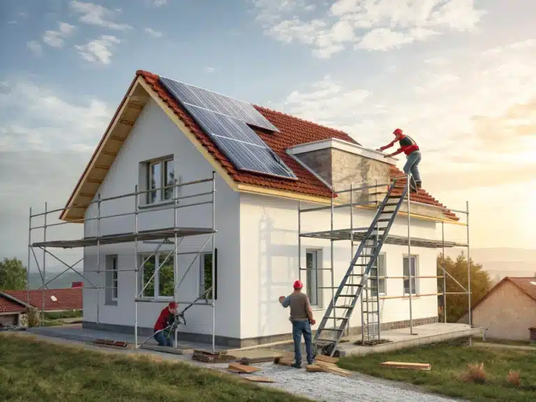 Une équipe d'ouvriers en tenue de sécurité installe des panneaux solaires sur le toit d'une maison en cours de rénovation, entourée d'échafaudages.