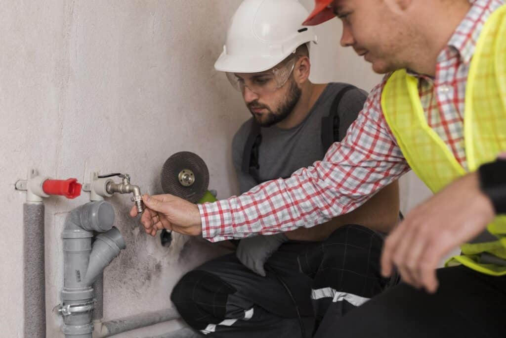 Deux ouvriers en tenue de sécurité, l'un portant un casque rouge et l'autre un casque blanc, travaillent ensemble pour installer ou ajuster un châssis de fenêtre.