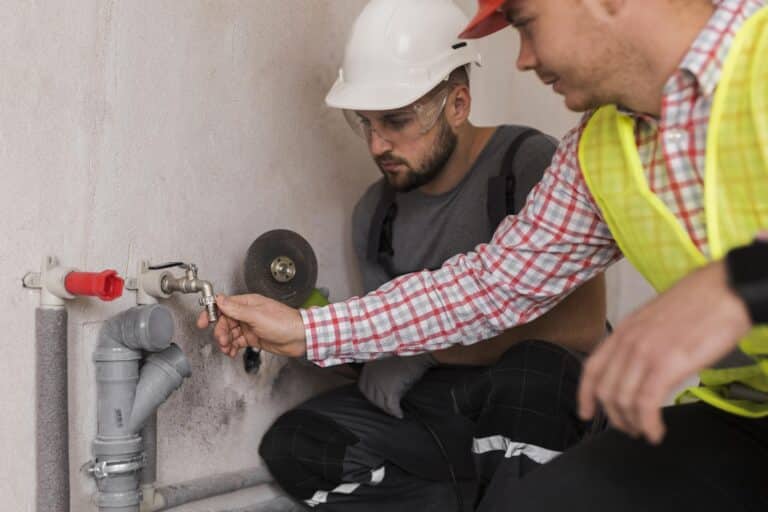 Deux ouvriers en tenue de sécurité, l'un portant un casque rouge et l'autre un casque blanc, travaillent ensemble pour installer ou ajuster un châssis de fenêtre.