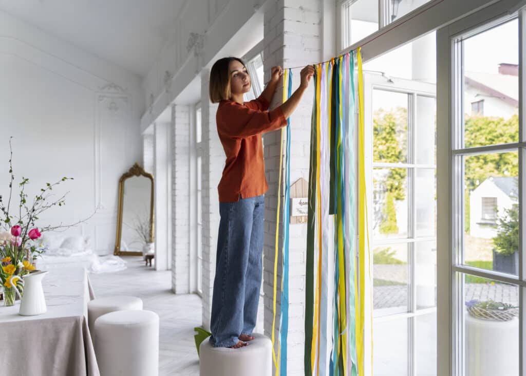 Une jeune femme debout sur un pouf décore une grande baie vitrée en installant des rubans colorés suspendus.