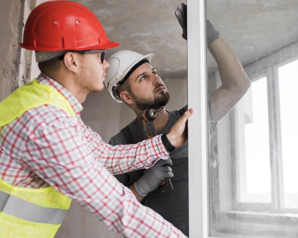 Un artisan en salopette grise et t-shirt blanc travaille sur une structure en bois dans un chantier, avec une échelle en arrière-plan.