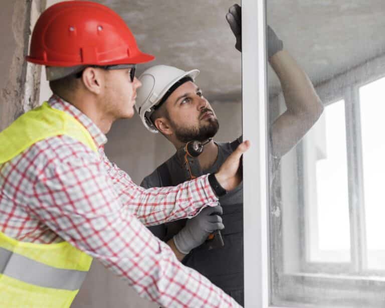 Un artisan en salopette grise et t-shirt blanc travaille sur une structure en bois dans un chantier, avec une échelle en arrière-plan.