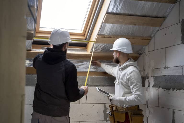 Deux hommes en casque de chantier mesurent l'espace sous les combles d'une pièce en travaux avec un mètre ruban et une tablette.