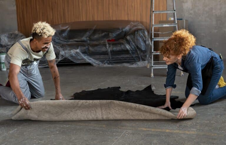 Deux artisans, un homme aux cheveux blonds décolorés et une femme aux cheveux roux bouclés, sont agenouillés sur un sol en béton dans un espace de travail en cours de rénovation. Ils déroulent ensemble un grand tapis en peau de vache noire. À l'arrière-plan, on distingue un canapé recouvert de plastique et une échelle.