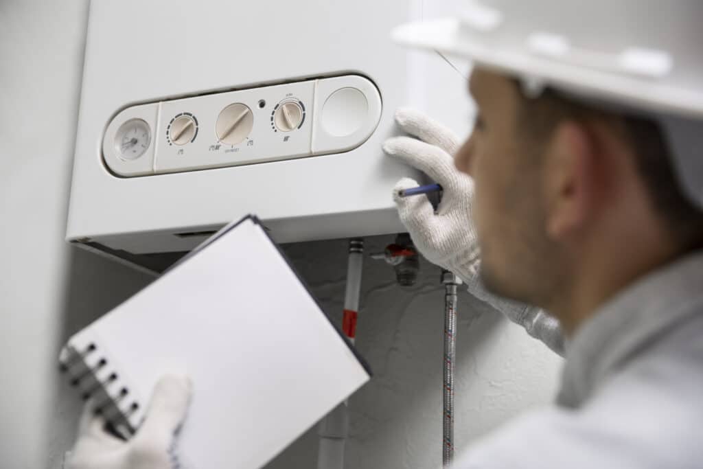 Un technicien portant un casque de chantier et des gants blancs inspecte une chaudière murale tout en prenant des notes sur un carnet.