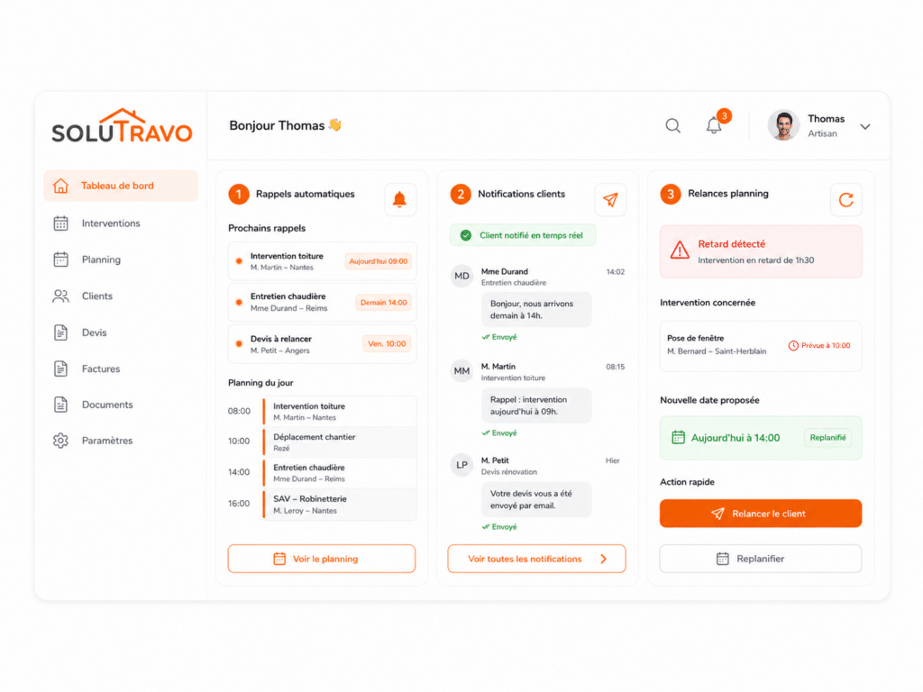 Espace de configuration des règles d'automatisation sur Solutravo, où l'utilisateur peut activer et personnaliser des scénarios de relances automatiques (devis, factures, documents) pour gagner du temps et améliorer l'efficacité administrative.