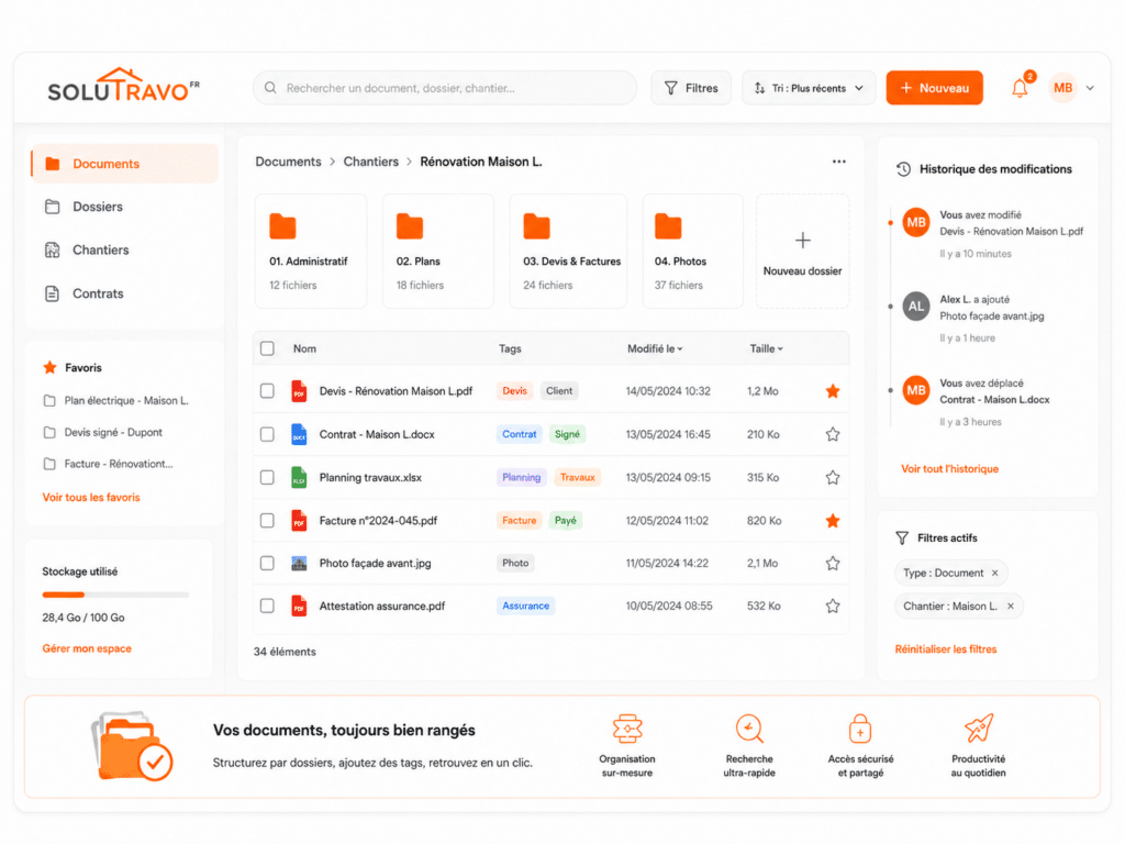 Interface de gestion des documents centralisés sur Solutravo, permettant de visualiser, classer et retrouver facilement tous les dossiers relatifs aux contrats, devis, factures, assurances et éléments administratifs de l'entreprise.
