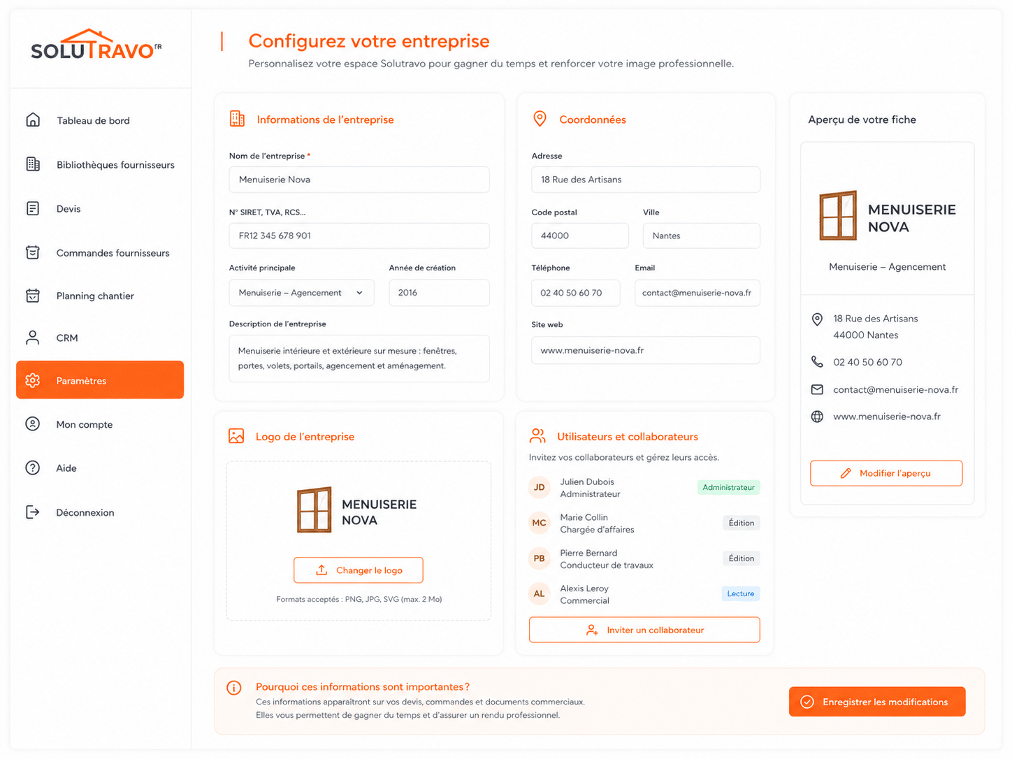 Capture d'écran de l'interface des paramètres du CRM Solutravo, permettant de configurer les informations de l'entreprise, de gérer le logo, les coordonnées et les accès des collaborateurs pour centraliser la gestion administrative.