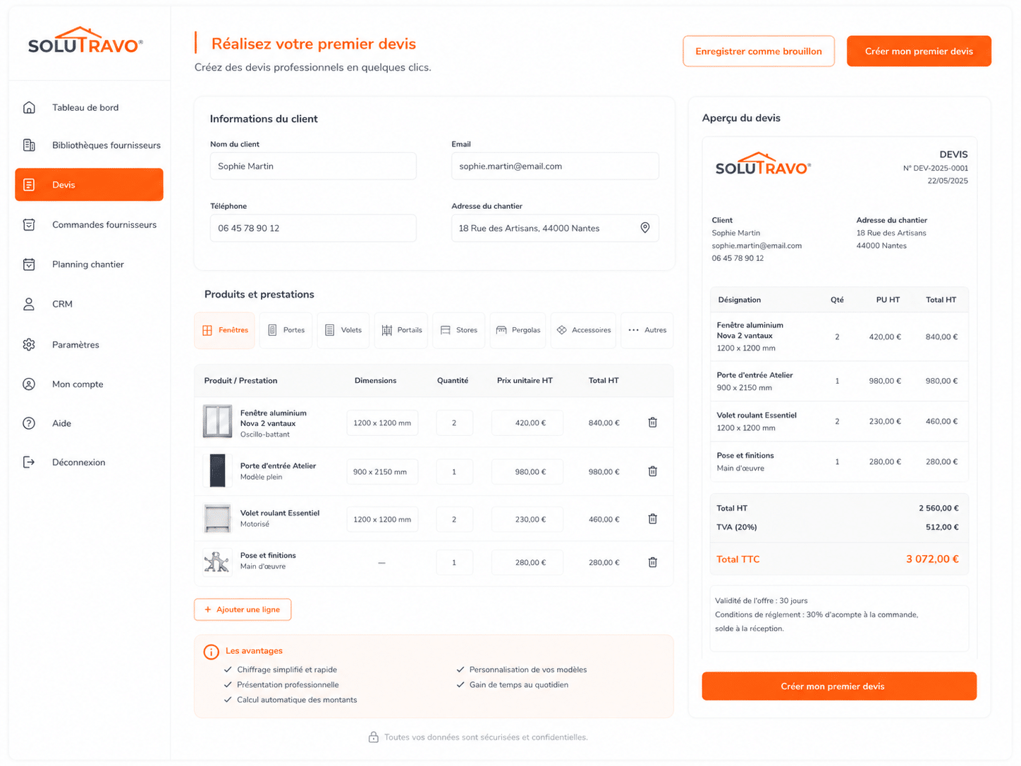 Capture d'écran de l'interface de création de devis dans le CRM Solutravo, montrant les champs pour les informations du client, l'ajout de produits ou prestations, et un aperçu en temps réel du document final avec calcul automatique des montants.