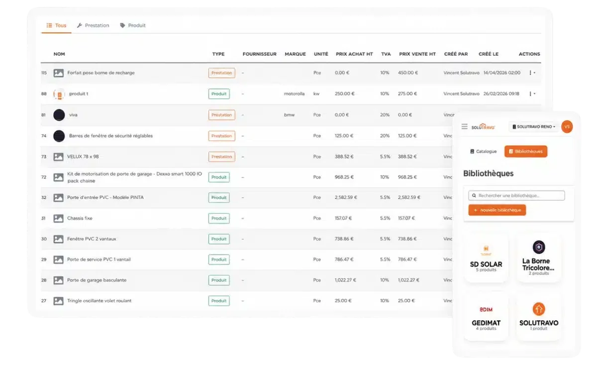 v2 Solutravo PRO 3 Interface Solutravo présentant une bibliothèque de produits et prestations avec tableau de prix et catalogues fournisseurs.