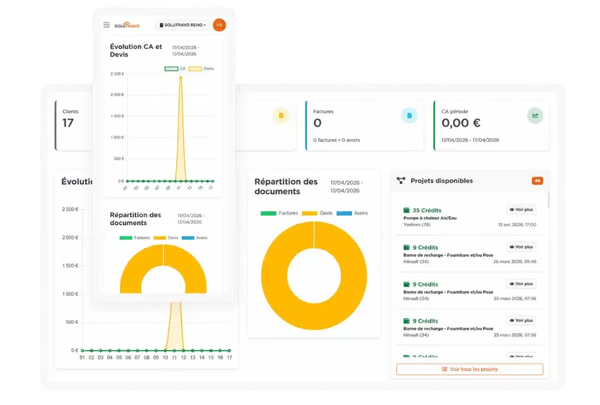 v2 Solutravo PRO 2 Interface Solutravo affichant un tableau de bord avec statistiques, chiffre d’affaires, devis et projets disponibles.