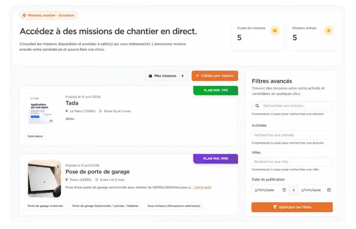 v2 Solutravo PRO 4 Interface Solutravo permettant aux artisans d’accéder à des missions de chantier et de filtrer les opportunités disponibles.